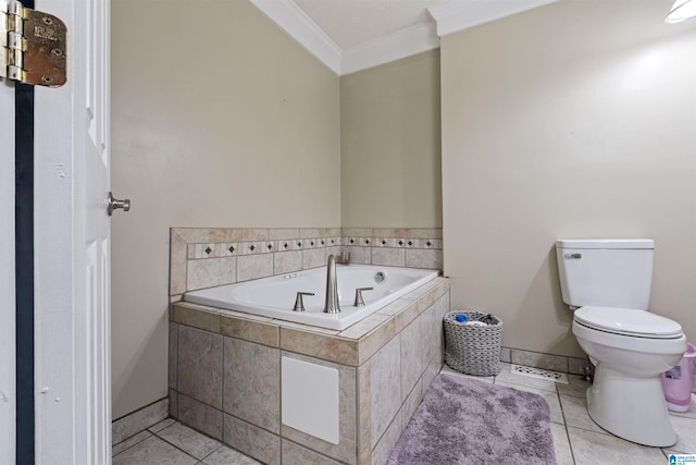 bathroom with a relaxing tiled tub, tile patterned floors, ornamental molding, and toilet