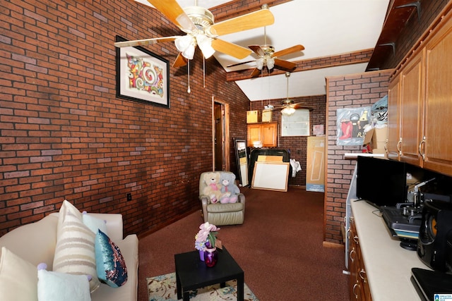 unfurnished living room with vaulted ceiling with beams and brick wall