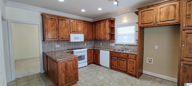 kitchen featuring decorative backsplash, white appliances, and light tile patterned floors