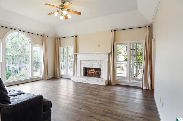 living room featuring a fireplace, plenty of natural light, and dark hardwood / wood-style floors