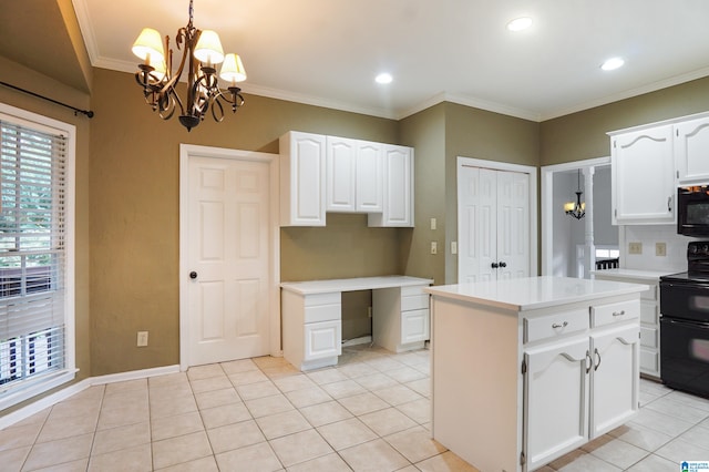 kitchen featuring white cabinetry, crown molding, a center island, light tile patterned floors, and black appliances