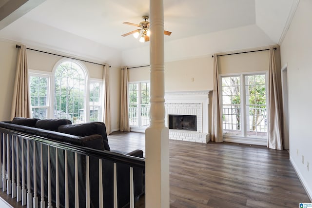 living room with ceiling fan, plenty of natural light, dark hardwood / wood-style floors, and a fireplace