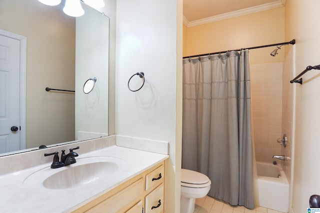 full bathroom with vanity, shower / bath combo, toilet, crown molding, and tile patterned floors