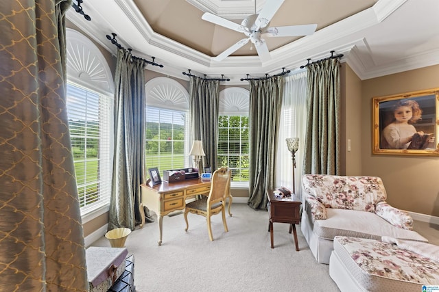 carpeted home office featuring a tray ceiling, ornamental molding, and ceiling fan