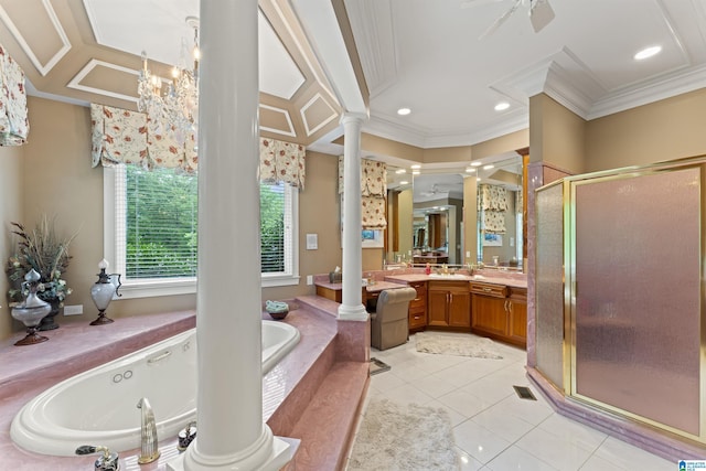 bathroom with decorative columns, tile patterned flooring, vanity, separate shower and tub, and crown molding