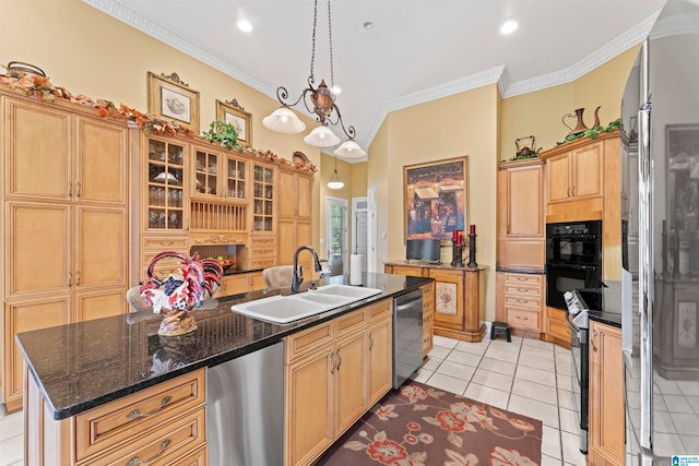 kitchen with crown molding, light tile patterned floors, an island with sink, stainless steel appliances, and sink