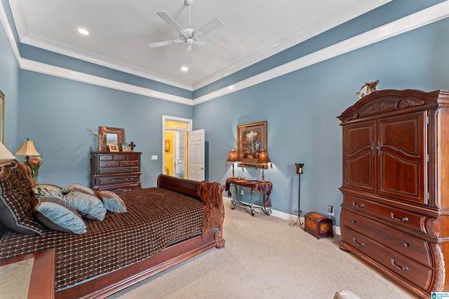 carpeted bedroom with crown molding and ceiling fan