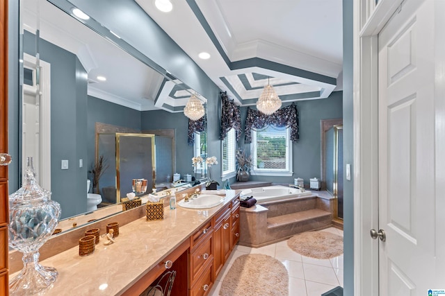 full bathroom with tile patterned flooring, toilet, separate shower and tub, vanity, and ornamental molding