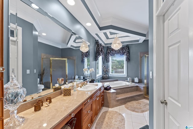 full bathroom with tile patterned floors, toilet, crown molding, vanity, and independent shower and bath