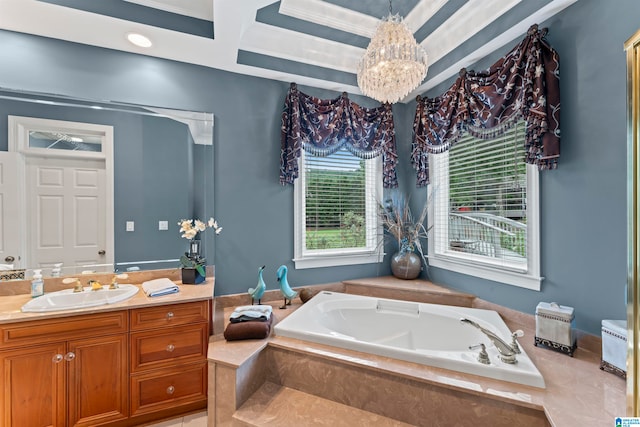 bathroom featuring a notable chandelier, vanity, tiled bath, ornamental molding, and tile patterned flooring