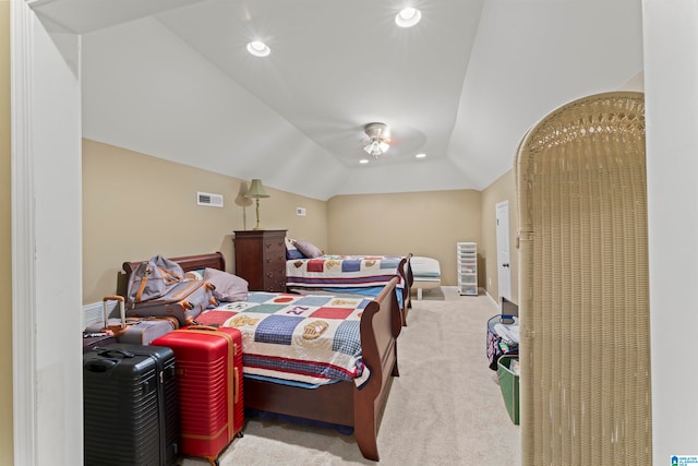 carpeted bedroom featuring vaulted ceiling