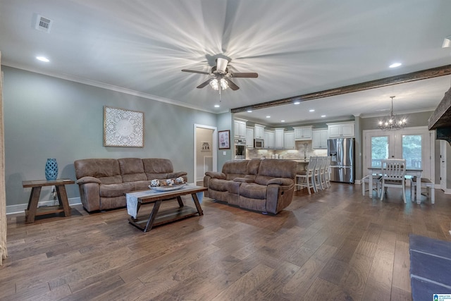 living room featuring crown molding, ceiling fan with notable chandelier, and dark hardwood / wood-style flooring