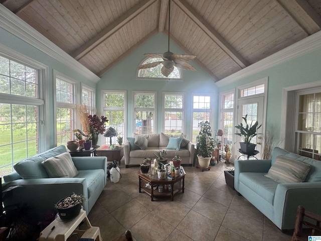 sunroom / solarium featuring ceiling fan, wood ceiling, and vaulted ceiling with beams