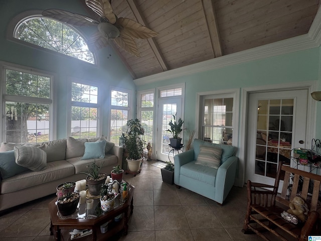 sunroom / solarium with ceiling fan, wooden ceiling, a wealth of natural light, and vaulted ceiling with beams