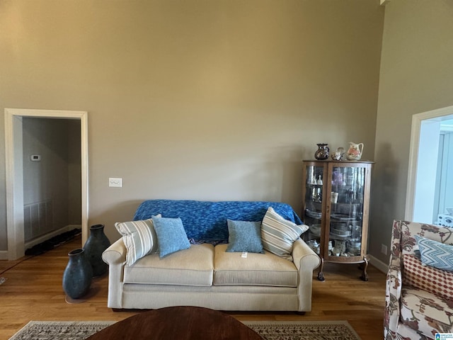 living room featuring hardwood / wood-style flooring and a towering ceiling