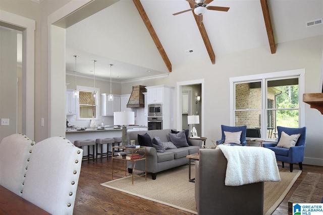 living room with crown molding, beam ceiling, high vaulted ceiling, dark wood-type flooring, and ceiling fan