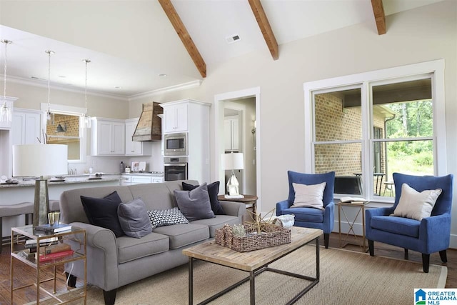 living room featuring wood-type flooring and beam ceiling