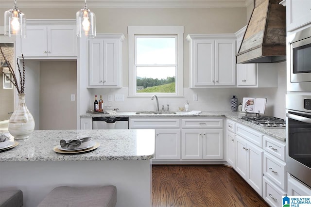 kitchen featuring appliances with stainless steel finishes, sink, dark hardwood / wood-style floors, white cabinetry, and custom range hood