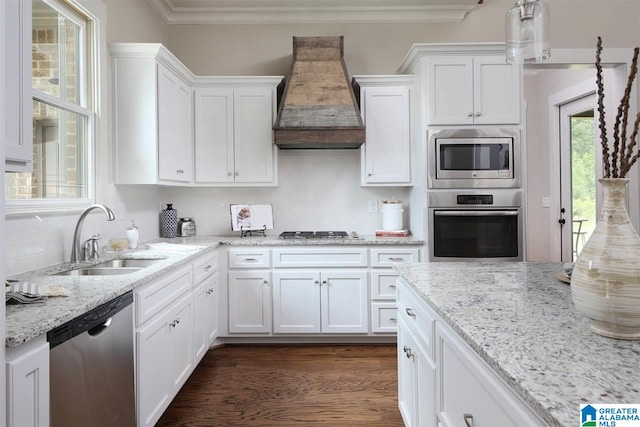 kitchen featuring white cabinets, premium range hood, dark hardwood / wood-style flooring, appliances with stainless steel finishes, and sink