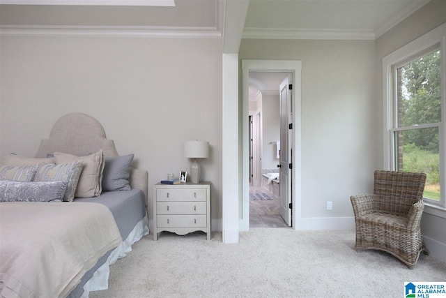 bedroom featuring light carpet, multiple windows, and crown molding