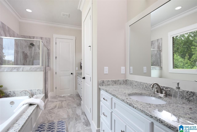 bathroom featuring vanity, tile patterned floors, and crown molding