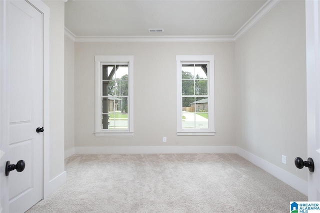 empty room with light carpet and ornamental molding