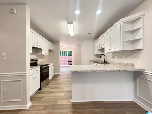 kitchen featuring white cabinets, sink, light wood-type flooring, and stainless steel electric range oven