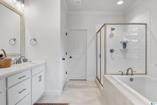 bathroom with independent shower and bath, ornamental molding, and vanity