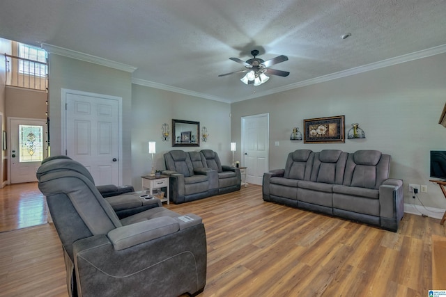 living room with crown molding, a healthy amount of sunlight, wood-type flooring, and a textured ceiling