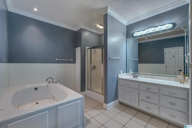 bathroom with independent shower and bath, tile patterned flooring, vanity, crown molding, and a textured ceiling