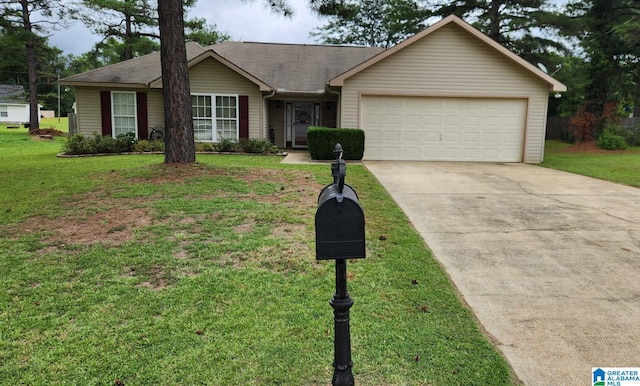 ranch-style home with a garage and a front yard