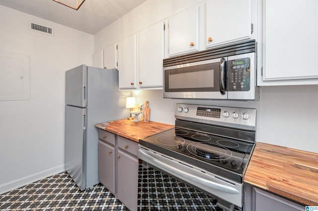 kitchen with gray cabinets, stainless steel appliances, and white cabinets