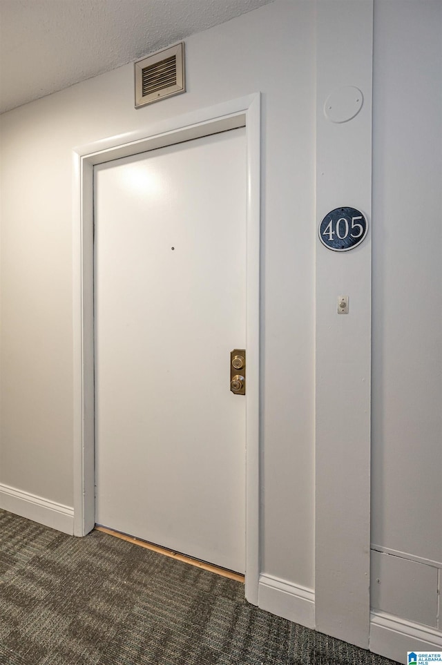 interior details featuring carpet floors and a textured ceiling