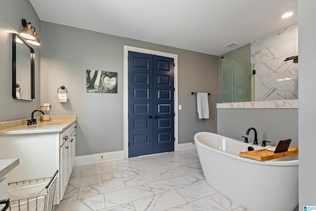 bathroom with vanity and plus walk in shower