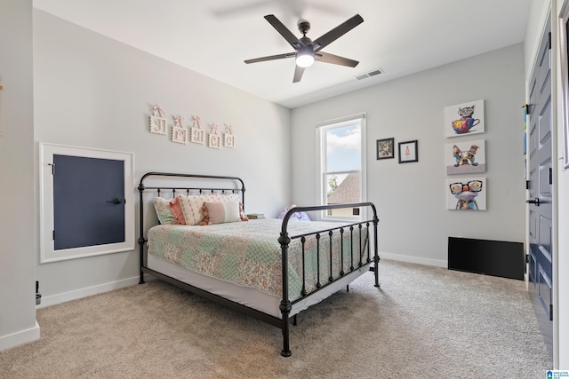 carpeted bedroom featuring ceiling fan