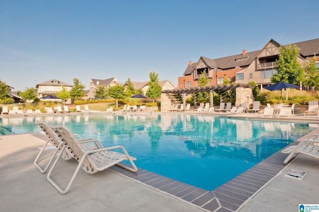 view of swimming pool with a patio area and a pergola