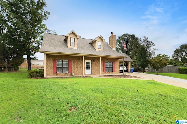 cape cod-style house featuring a front yard and covered porch