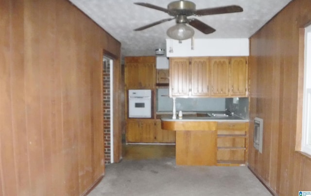 kitchen with sink, ceiling fan, and wood walls