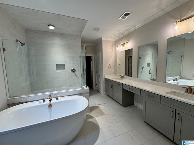 bathroom featuring vanity, ornamental molding, and separate shower and tub