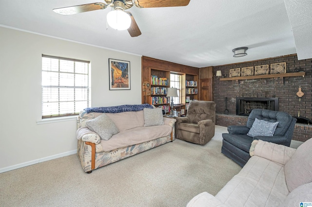 living room with ceiling fan, a fireplace, light carpet, and a textured ceiling