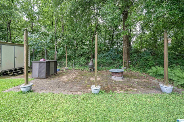 view of yard featuring a shed, a patio area, and an outdoor fire pit