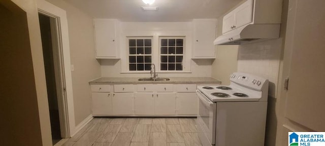 kitchen featuring white cabinetry, white electric range oven, sink, and light wood-type flooring