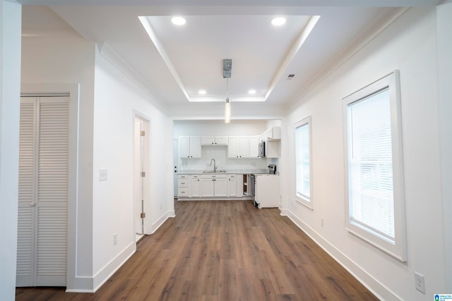 kitchen featuring decorative light fixtures, white cabinetry, stainless steel appliances, a raised ceiling, and dark wood-type flooring