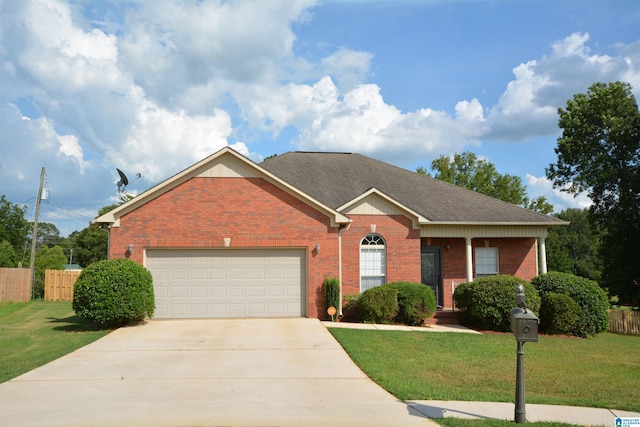 ranch-style house featuring a garage and a front lawn