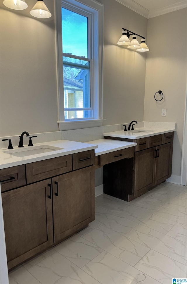 bathroom featuring vanity, crown molding, and plenty of natural light