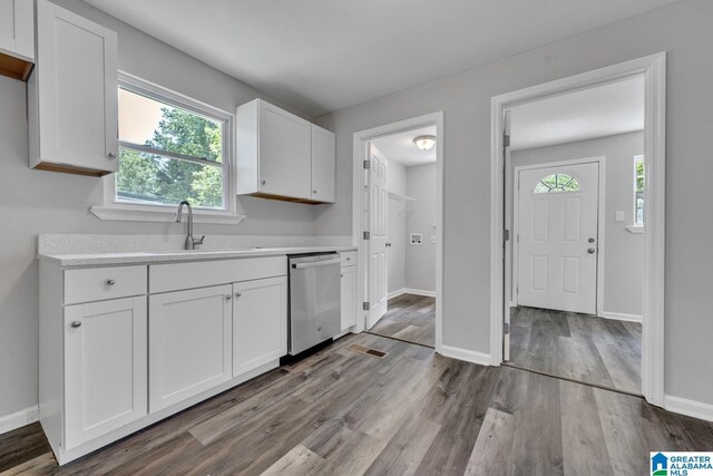 kitchen featuring white cabinets, a healthy amount of sunlight, light wood-type flooring, and stainless steel dishwasher