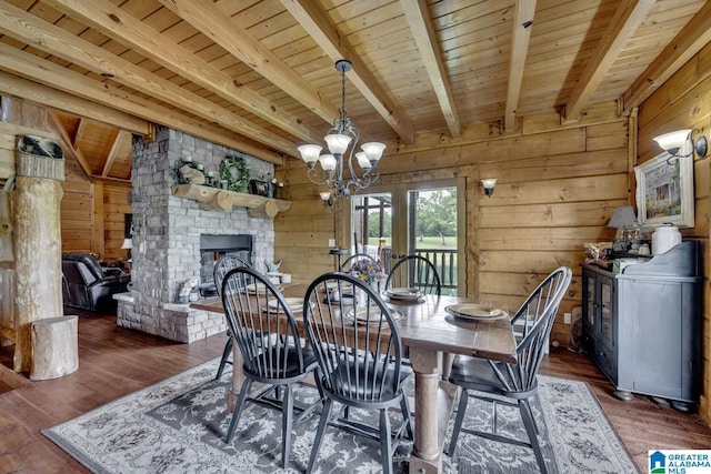 dining area featuring wood ceiling, wooden walls, dark hardwood / wood-style floors, a notable chandelier, and beamed ceiling