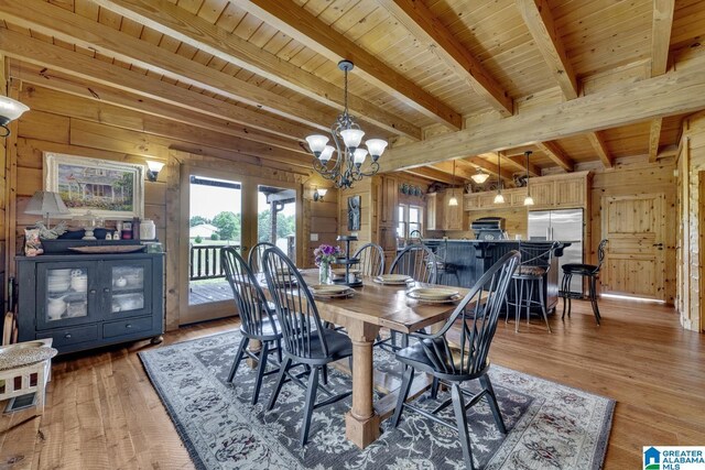 dining space with light hardwood / wood-style floors, wood ceiling, beam ceiling, and wood walls