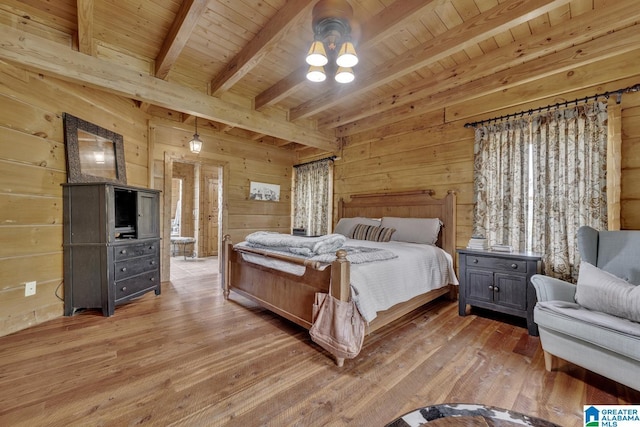 bedroom featuring wood-type flooring, wooden walls, and beamed ceiling