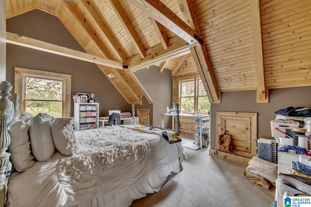 bedroom featuring light carpet, vaulted ceiling with beams, and wooden ceiling